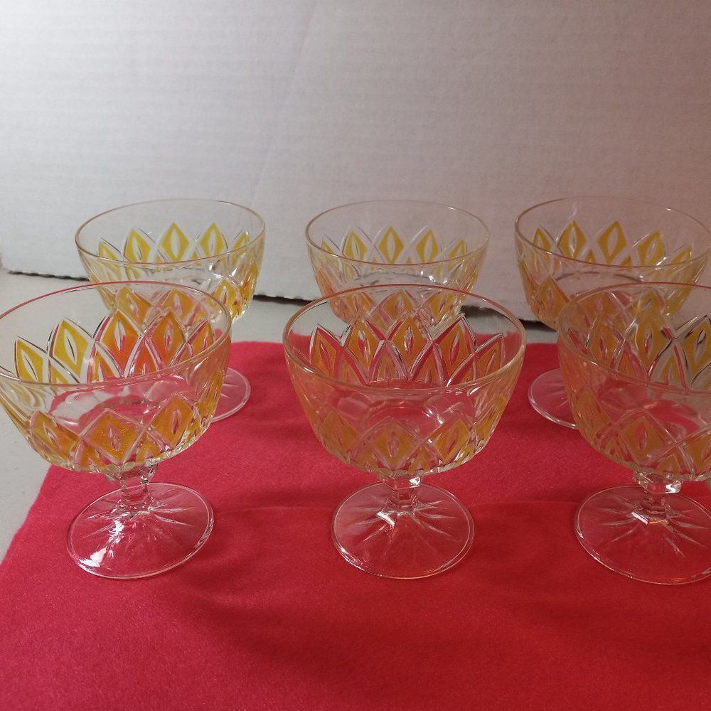 Vintage Glass Dessert cups (1 flawed) Diamond Yellow Design Cottagecore Grandmac